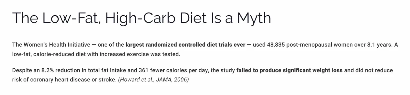 Slide describing the Women's Health Initiative trial of 48,835 postmenopausal women over 8.1 years showing no weight or cardiovascular benefit