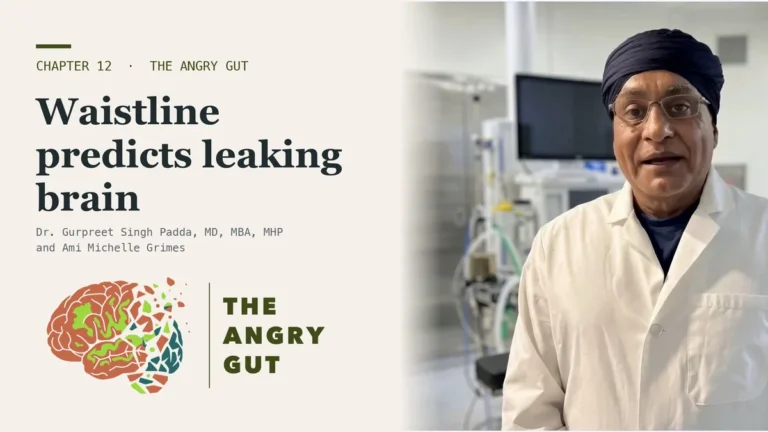 Title card for A Waistline Predicted a Leaking Brain, The Angry Gut Chapter 12, showing Dr. Padda