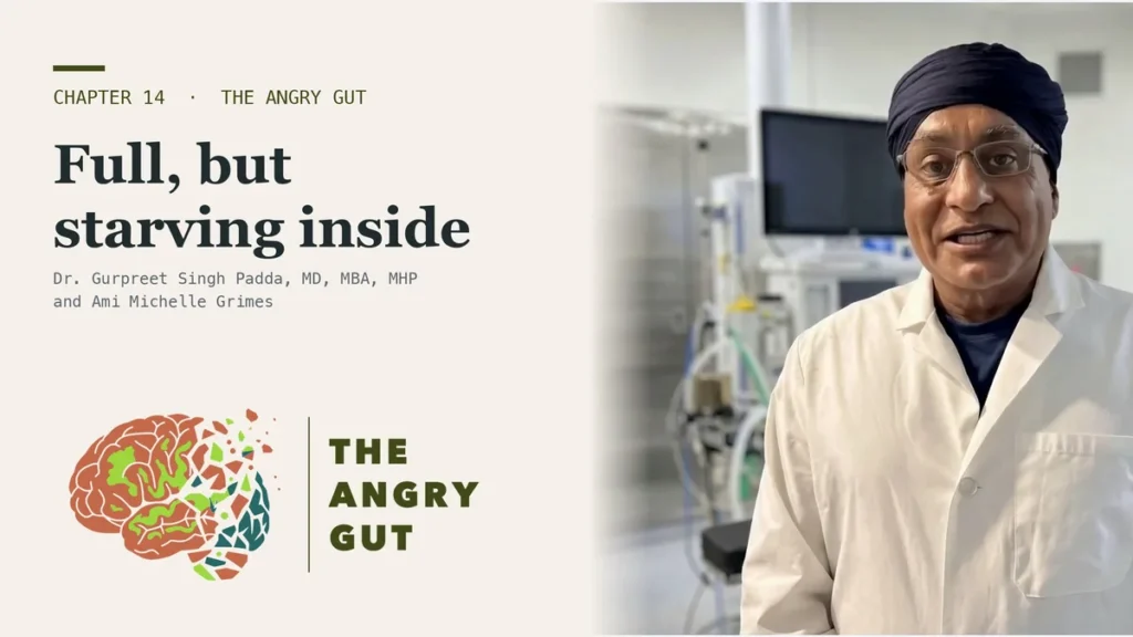 Title card for Full of Calories, Starving One Cell Deep showing Dr. Padda beside the chapter title text
