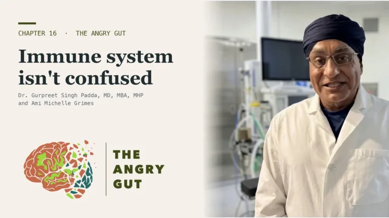 Title card for Your Immune System Is Not Confused, The Angry Gut Chapter 16, showing Dr. Padda