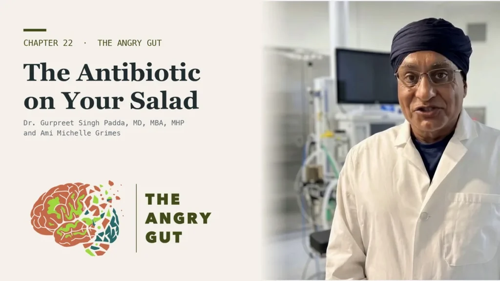 Title card for The Antibiotic on Your Salad showing Dr. Padda beside the chapter title text