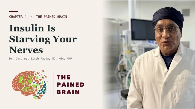 Title card for The Hormone Nobody Measured Is Starving Your Nerves, Chapter 4 of The Pained Brain, showing Dr. Padda