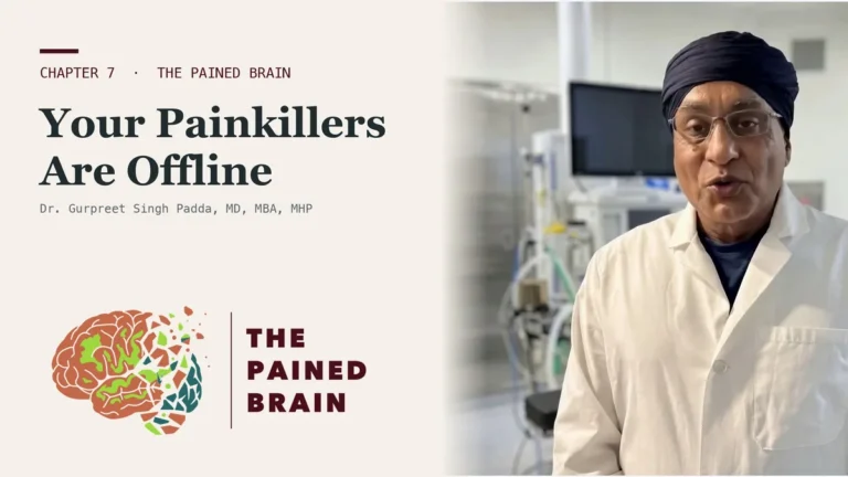 Title card for Why Pain Is Worst at 3 a.m., The Pained Brain Chapter 7, showing Dr. Padda