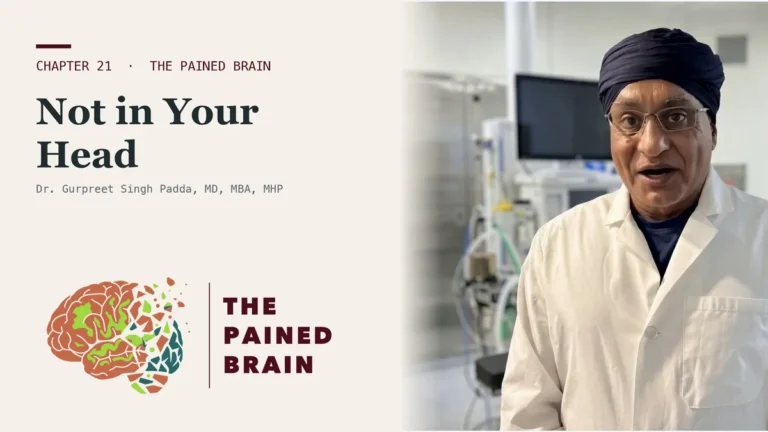 Title card for You Cannot Separate the Mind from the Metabolism, The Pained Brain Chapter 21, showing Dr. Padda