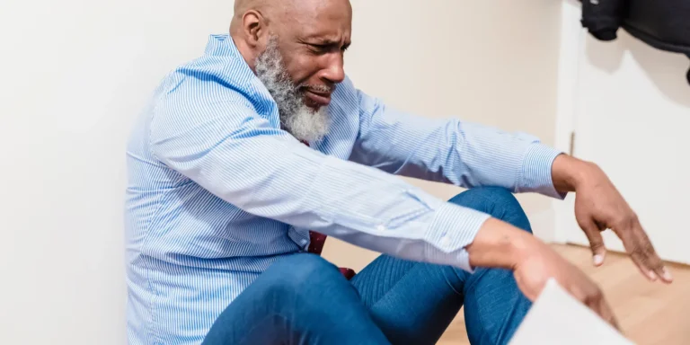 Man sitting on the floor in visible discomfort, living with chronic pain.