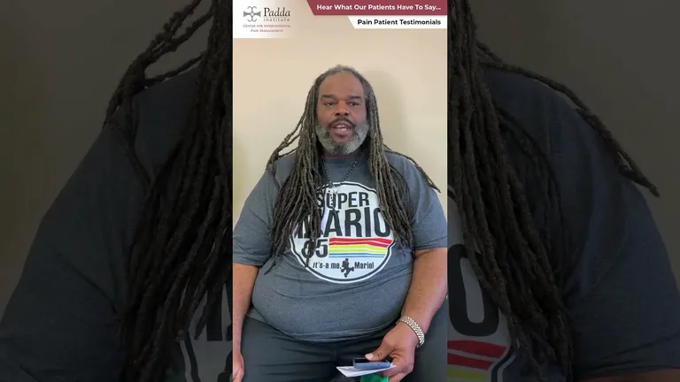 Patient testimonial video still, Padda Institute pain patient testimonials