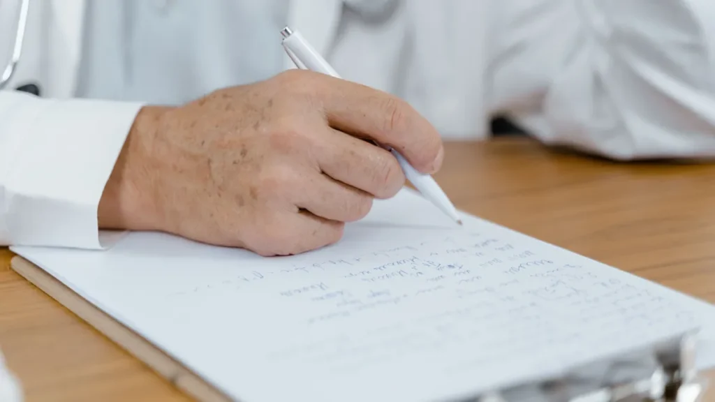 A physician's hand writing a referral note on paper at a desk