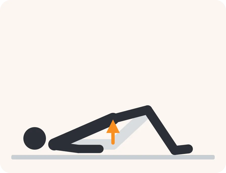 Line drawing of the bridge exercise: a light figure in the starting position, a dark figure in the end position and an orange arrow showing the direction of movement