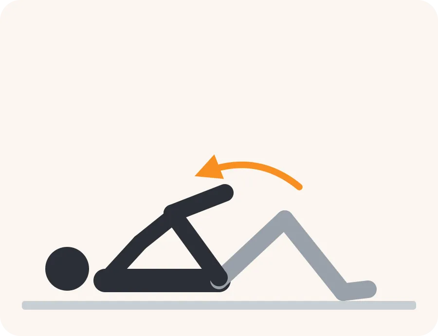 Line drawing of the knee to chest stretch exercise: a light figure in the starting position, a dark figure in the end position and an orange arrow showing the direction of movement