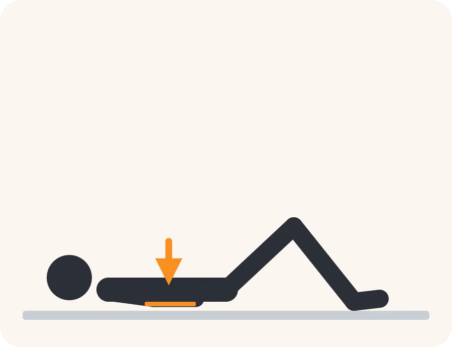 Line drawing of the pelvic tilt exercise: a light figure in the starting position, a dark figure in the end position and an orange arrow showing the direction of movement