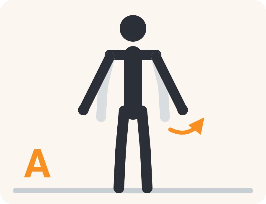 Line drawing of the A press exercise: a light figure in the starting position, a dark figure in the end position and an orange arrow showing the direction of movement