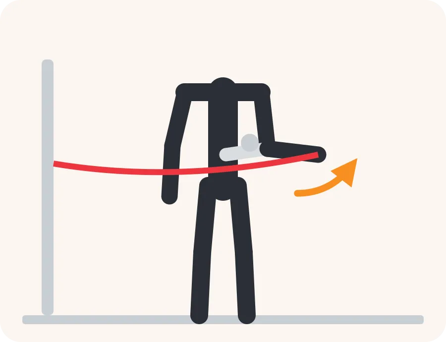 Line drawing of the band external rotation exercise: a light figure in the starting position, a dark figure in the end position and an orange arrow showing the direction of movement