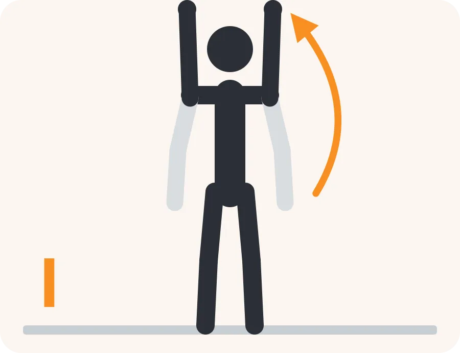 Line drawing of the I raise exercise: a light figure in the starting position, a dark figure in the end position and an orange arrow showing the direction of movement