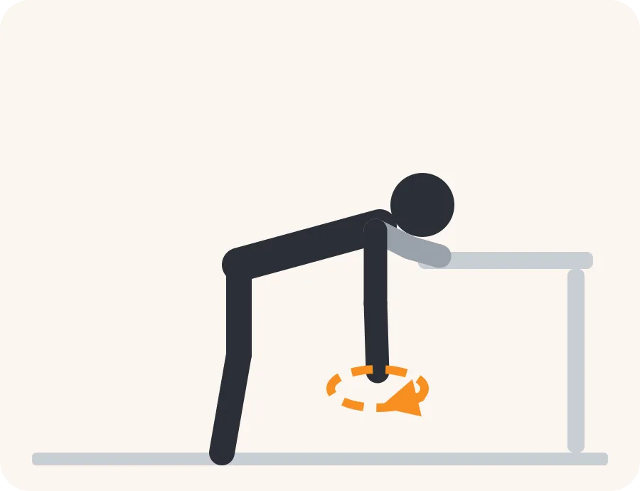 Line drawing of the pendulum exercise: a light figure in the starting position, a dark figure in the end position and an orange arrow showing the direction of movement