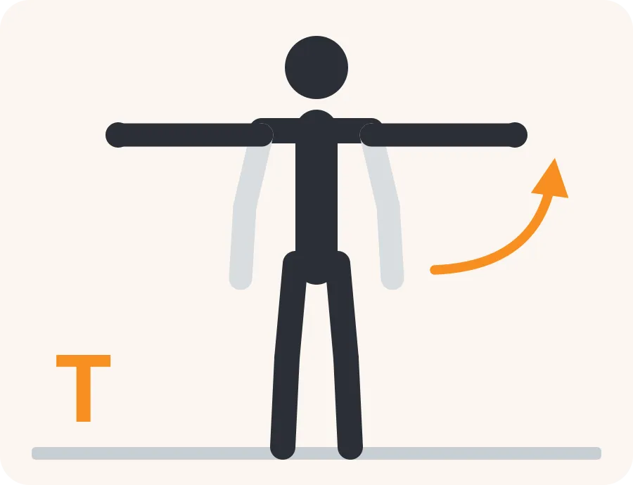 Line drawing of the T raise exercise: a light figure in the starting position, a dark figure in the end position and an orange arrow showing the direction of movement