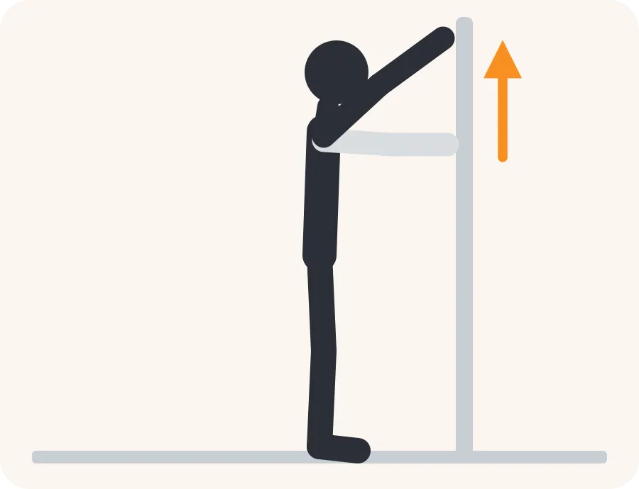 Line drawing of the wall walk exercise: a light figure in the starting position, a dark figure in the end position and an orange arrow showing the direction of movement