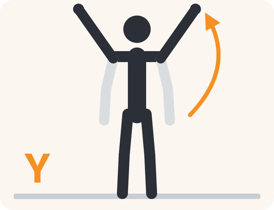 Line drawing of the Y raise exercise: a light figure in the starting position, a dark figure in the end position and an orange arrow showing the direction of movement