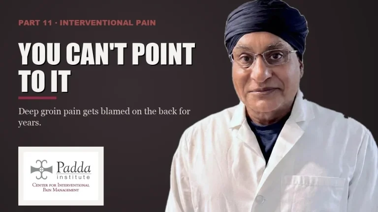 Interventional pain series title card featuring Dr. Gurpreet Singh Padda in a lab coat — deep groin pain misattributed to the back