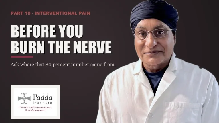 Interventional pain series title card featuring Dr. Gurpreet Singh Padda in a lab coat — questions to ask before radiofrequency nerve ablation