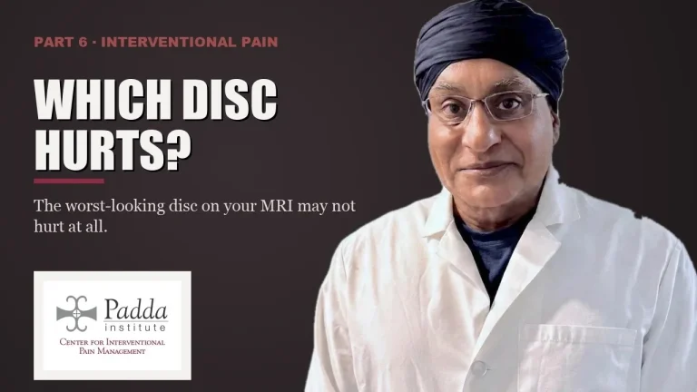 Interventional pain series title card featuring Dr. Gurpreet Singh Padda in a lab coat — identifying which spinal disc is generating pain