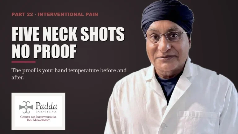 Interventional pain series title card featuring Dr. Gurpreet Singh Padda in a lab coat — using hand temperature to confirm a sympathetic block