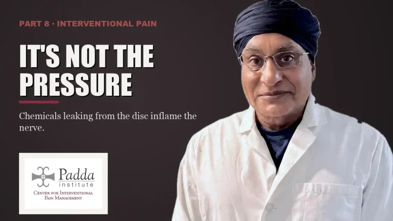 Interventional pain series title card featuring Dr. Gurpreet Singh Padda in a lab coat — chemical irritation of the nerve rather than pressure